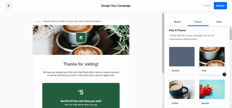 Square Online offers a range of themes for its email campaigns. Source: Tech.co testing