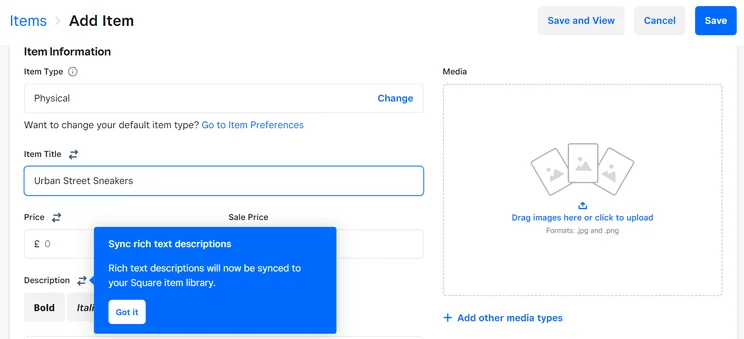 Square's form for adding items to the inventory includes a title, description, price, and sale price. Source: Tech.co testing