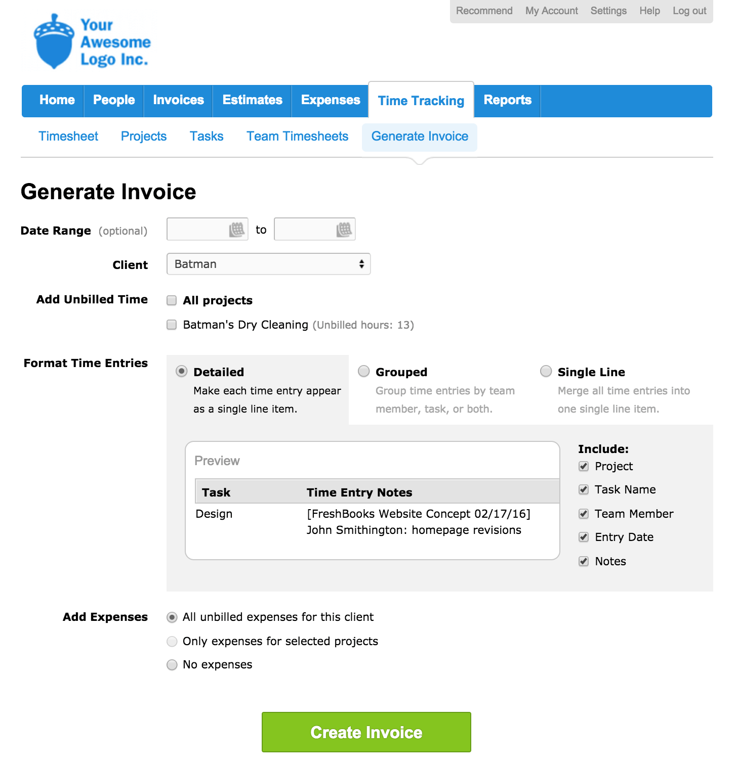 FreshBooks: generate invoice