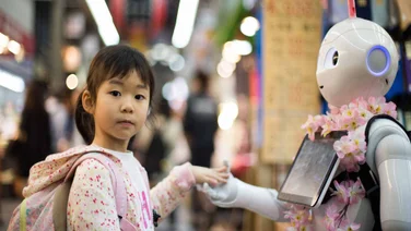 young girl with service robot in market