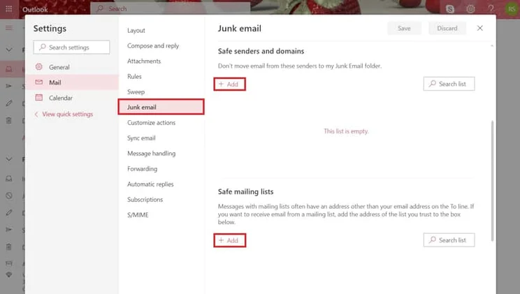 Screenshot - Micosoft Outlook- Whitelist setting on desktop
