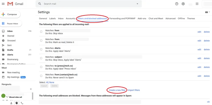 Gmail screenshot - Settings to create rules for spam and filters