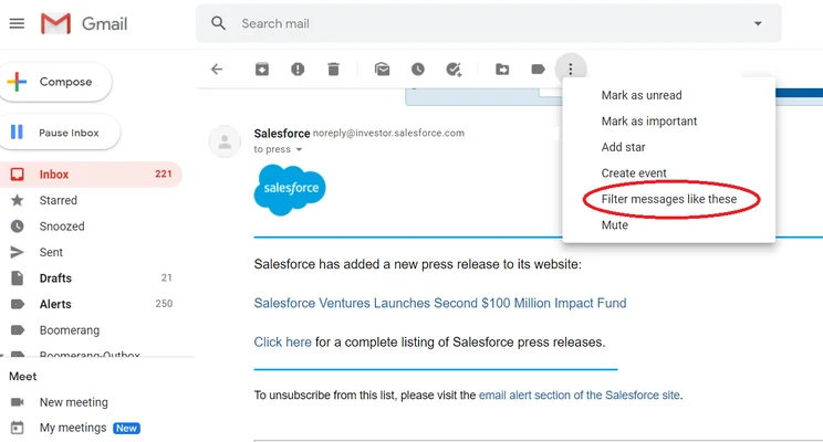 Gmail screenshot - how to filter a message