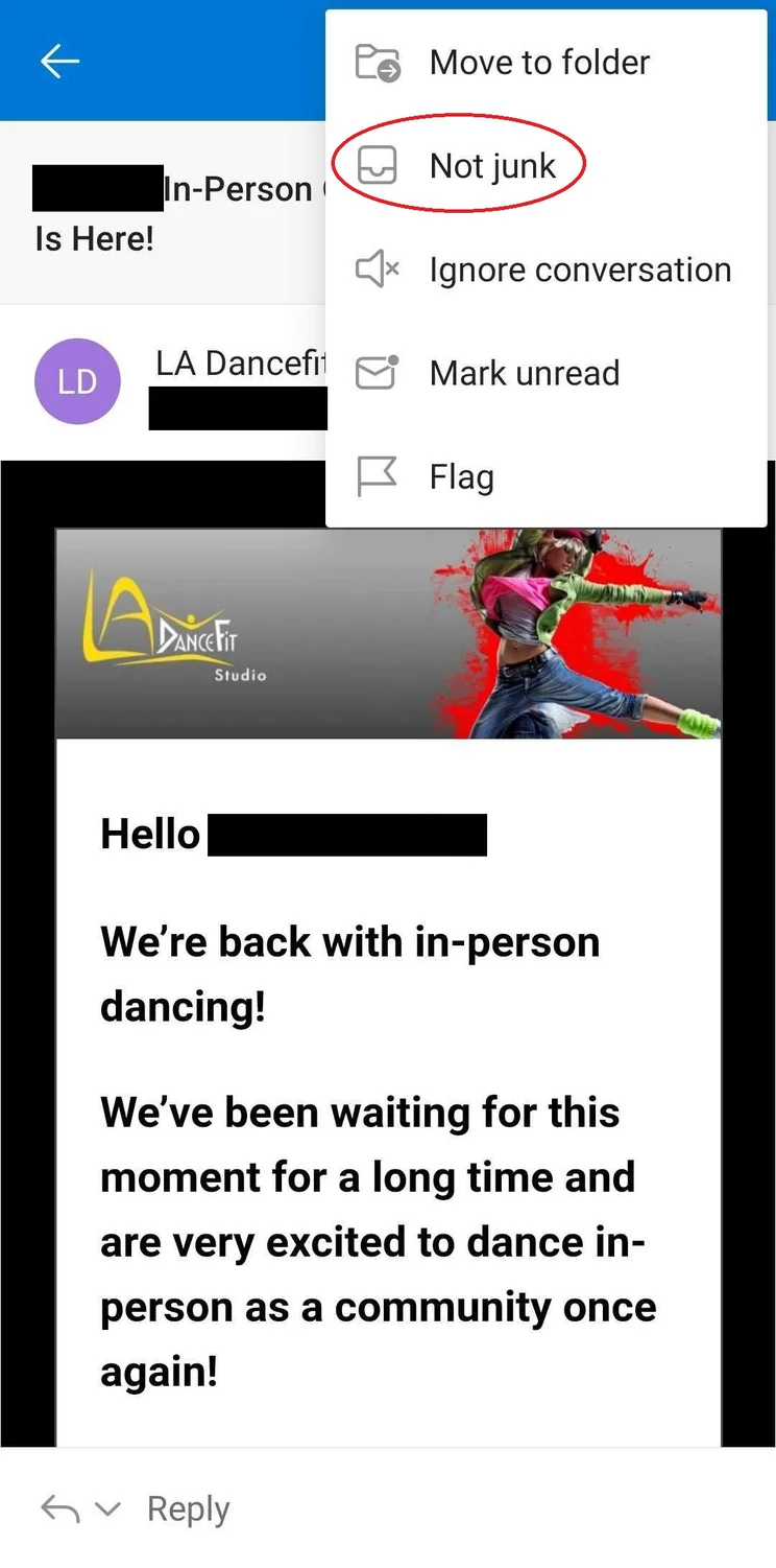 Screenshot- Microsoft email on mobile- mark something as Not Junk