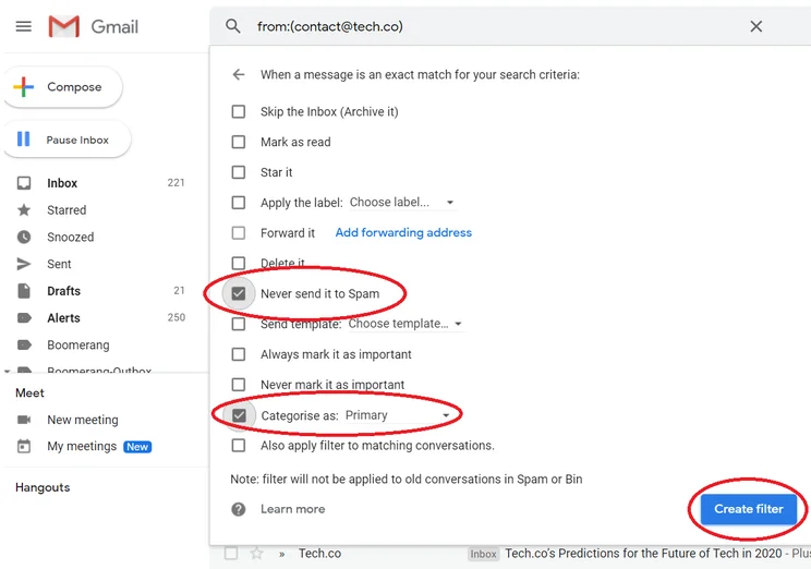 Gmail screenshot - filter by search with Never send to spam box checked and Categorise as Primary selected
