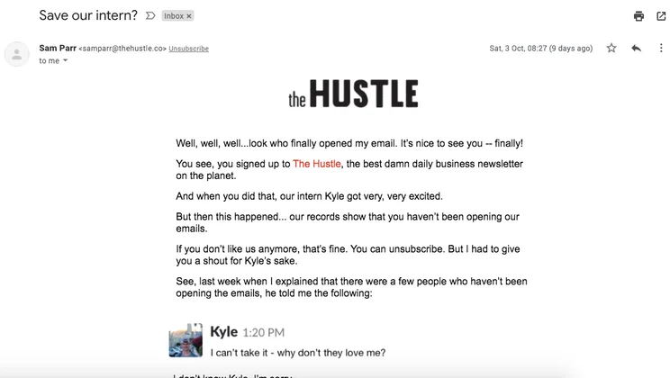 Re-engagament email example from The Hustle
