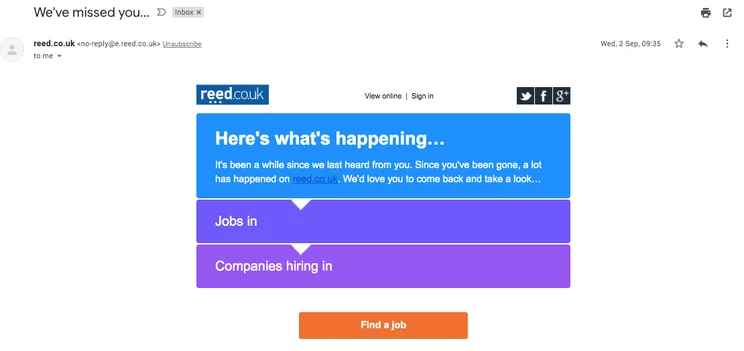 A re-engagement email from Reed.co.uk