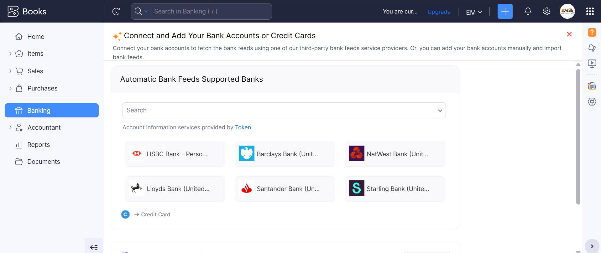 Screenshot of Zoho Books connected banks. Source: Tech.co testing