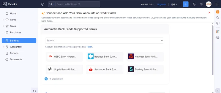 Screenshot of Zoho Books connected banks. Source: Tech.co testing