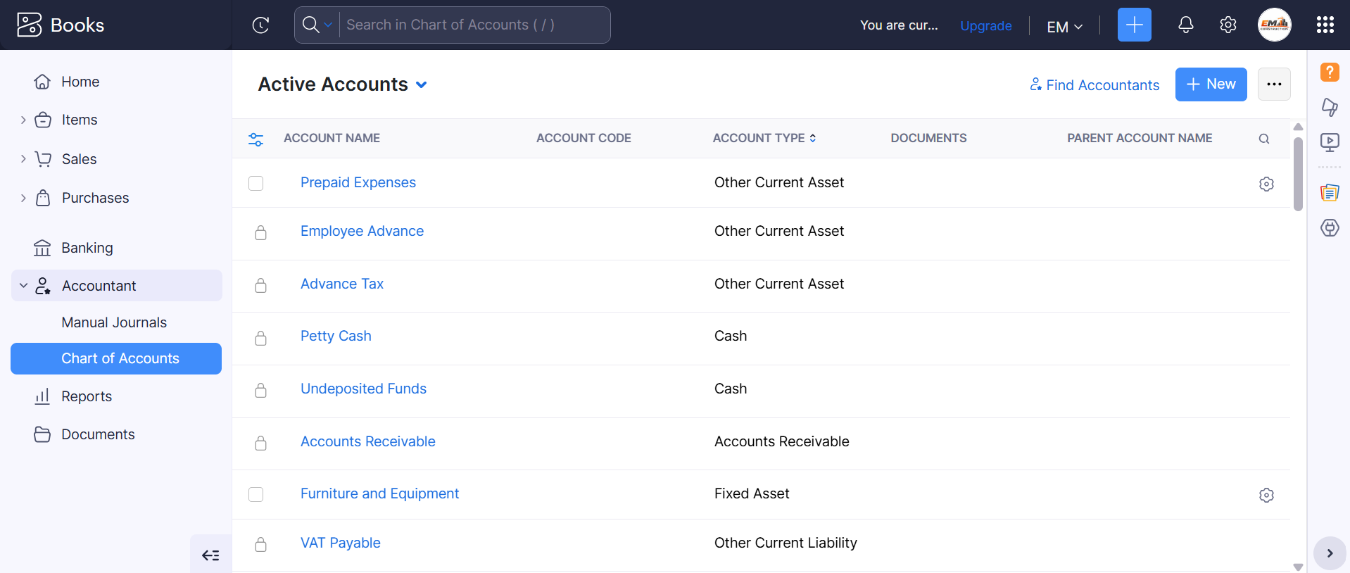 Screenshot of Zoho Books Charts of Account. Source: Tech.co testing