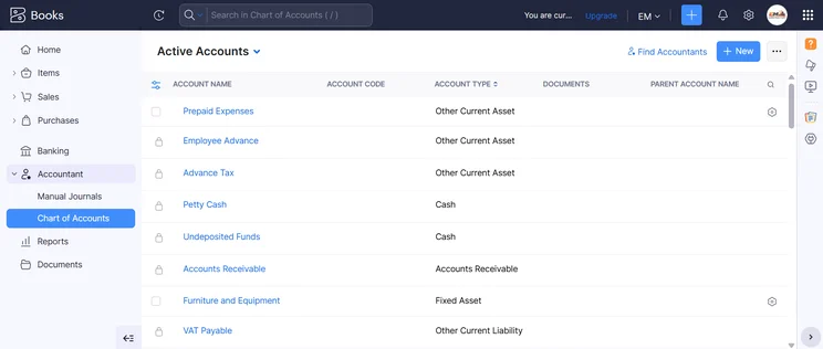 Screenshot of Zoho Books Charts of Account. Source: Tech.co testing