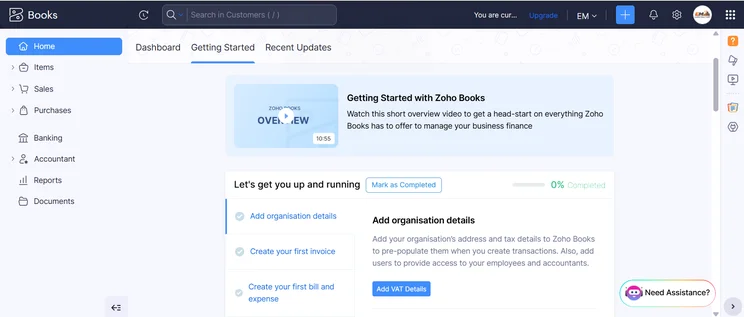 Screenshot of Zoho Books dashboard. Source: Tech.co testing