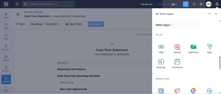 Screenshot of Zoho Books available integrations. Source: Tech.co testing