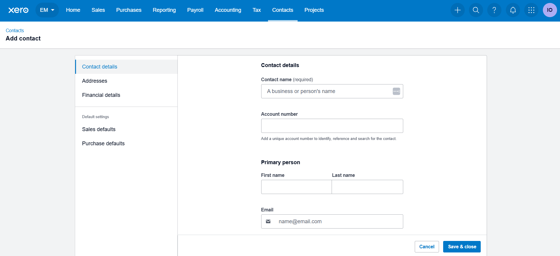 Screenshot of adding new contacts on Xero. Source: Tech.co testing