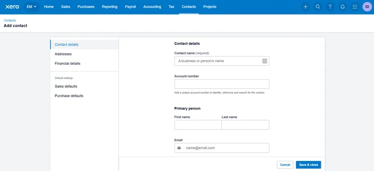 Screenshot of adding new contacts on Xero. Source: Tech.co testing