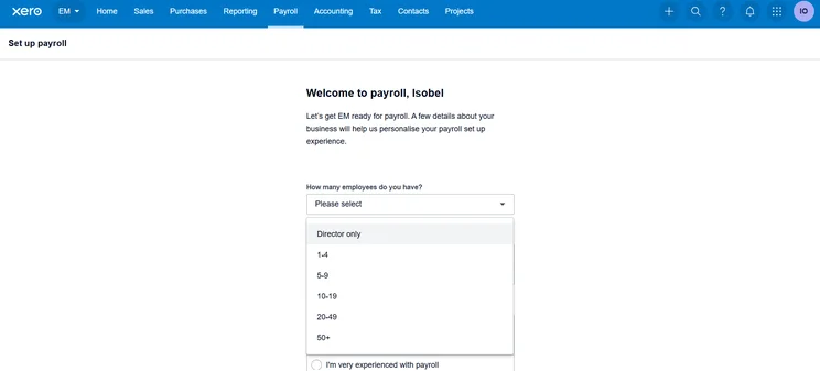 Screenshot of Xero payroll setup. Source: Tech.co testing