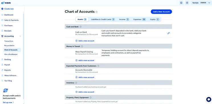 Wave Accounting: Chart of accounts