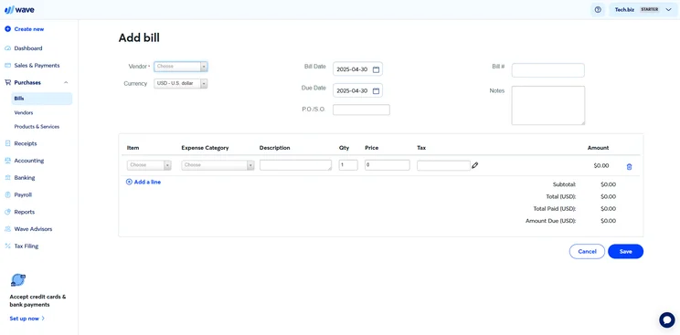 Wave Accounting: Add bill