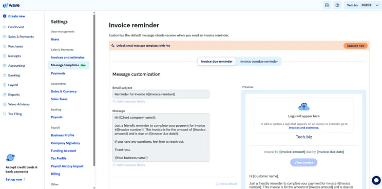 Wave Accounting invoice reminder