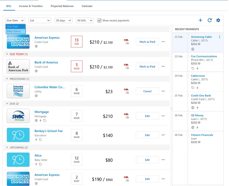 Quicken accounting: Bills