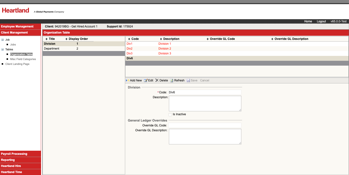 Heartland Payroll organization table