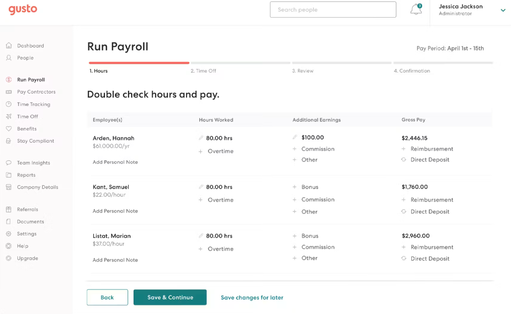Screenshot of Gusto payroll run. Source: Software Advice