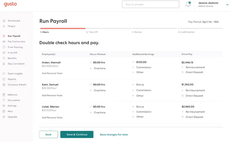 Screenshot of Gusto payroll run. Source: Software Advice