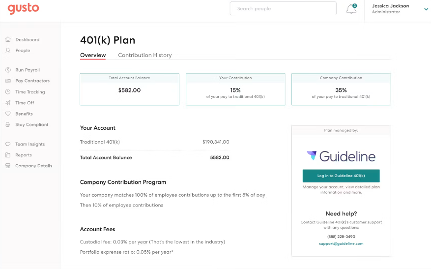 Screenshot of Gusto 401k Plan. Source: Software Advice