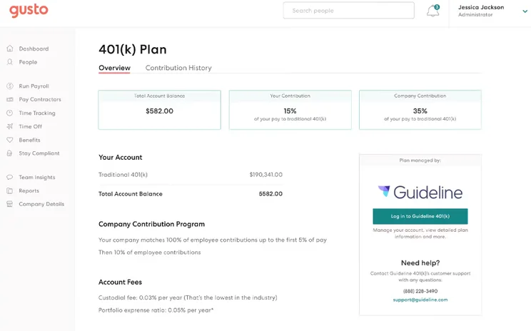 Screenshot of Gusto 401k Plan. Source: Software Advice