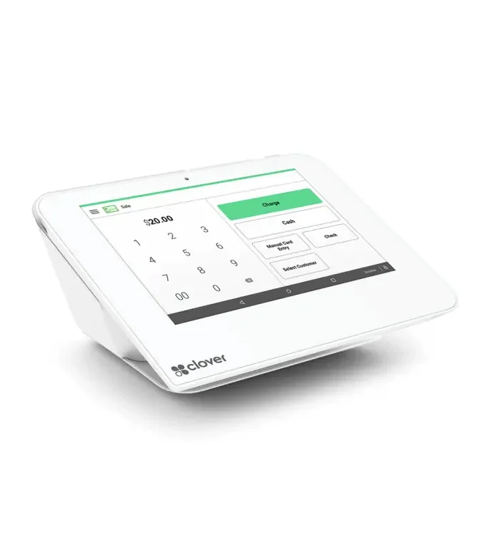 Clover Mini countertop POS system with payment screen and numeric keypad.