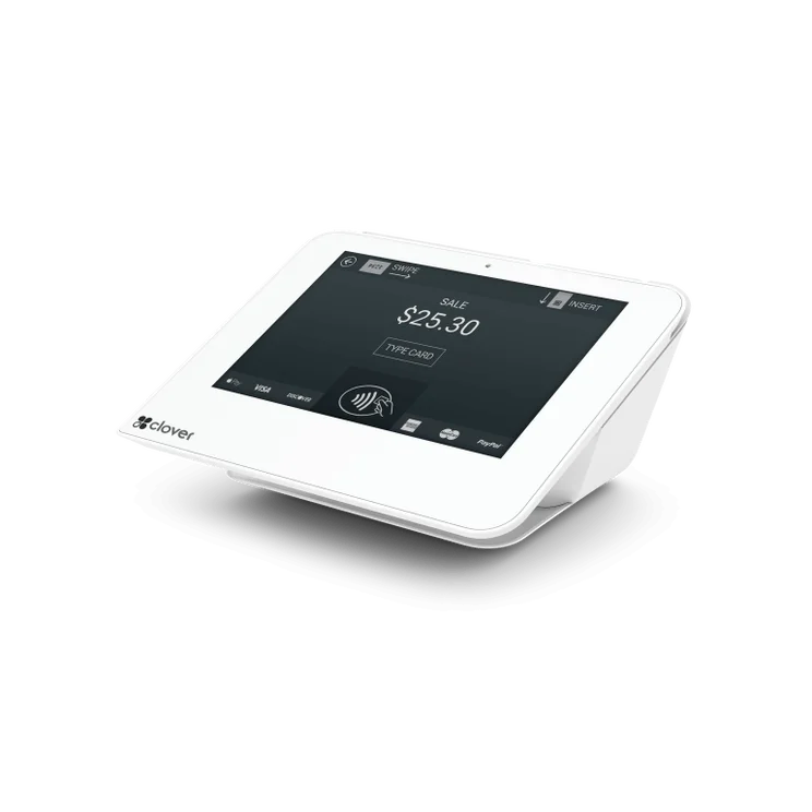 Clover Mini compact payment terminal showing sale total and payment options.