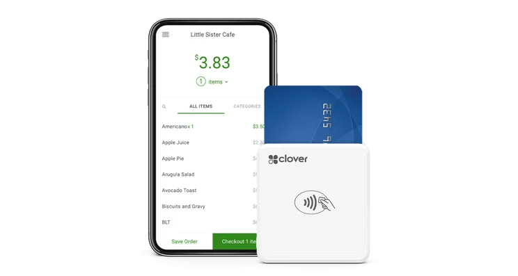 Clover Go mobile card reader with white and black design.