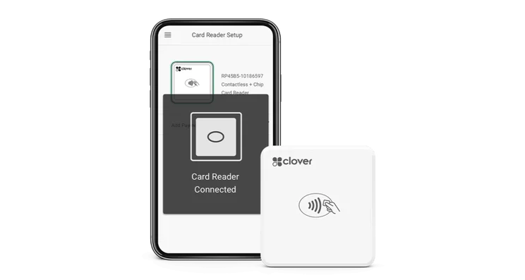 Clover Go compact wireless payment reader showing contactless payment symbol.