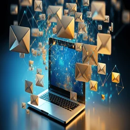 Computer on a table with envelopes flying out of it.