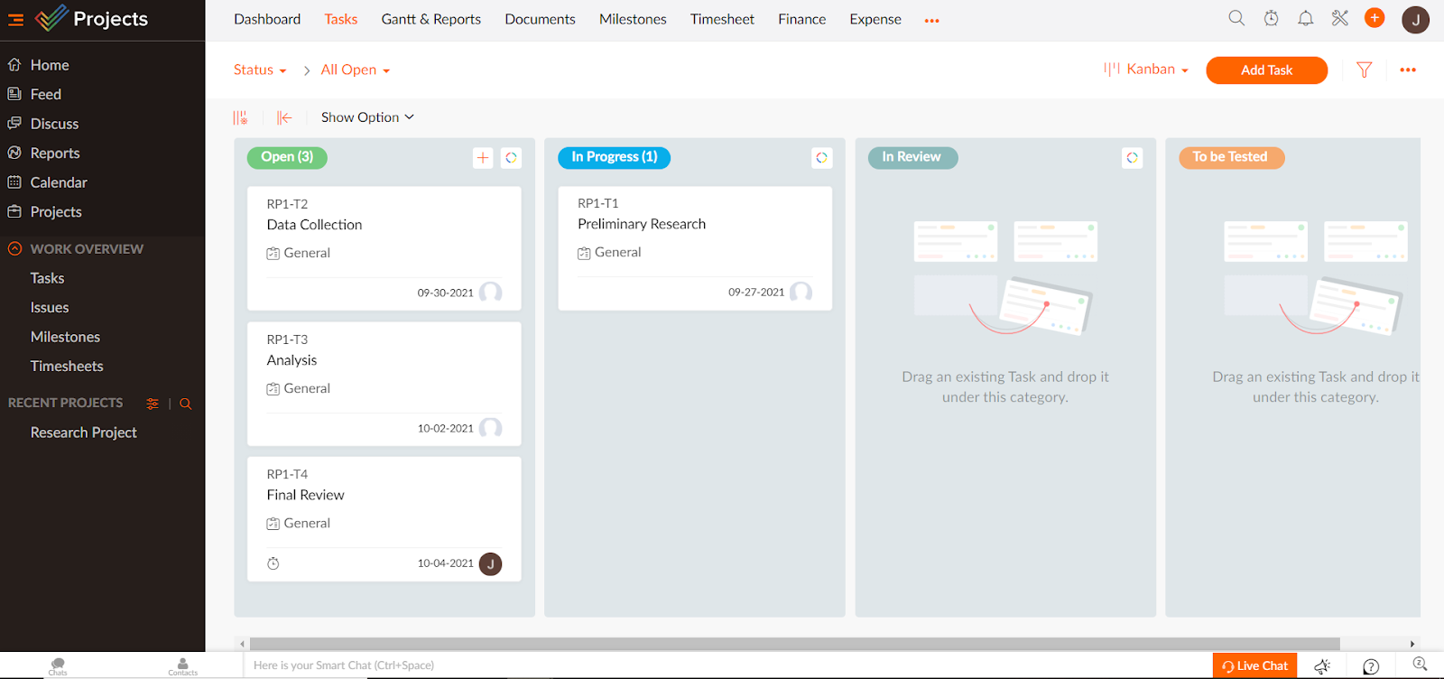 Zoho Projects Kanban Board view Screenshot