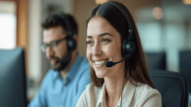 A woman takes a call in a call center.