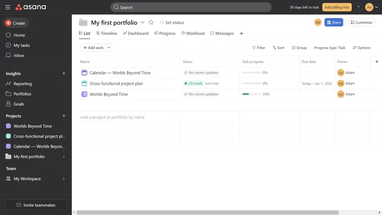The Asana Advanced plan has portfolios, which can be created and modified easily.