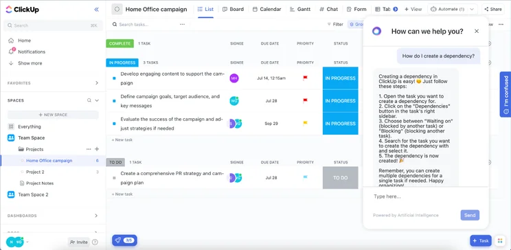 ClickUp's list view with live chat assistance