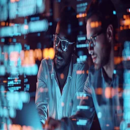 Two employees look at a big screen with data on it