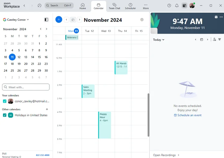 Zoom Calendar interface. Source: Tech.co testing