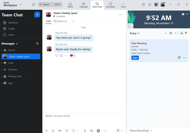 Zoom Team Chat interface. Source: Tech.co testing
