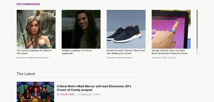 Sponsored ads on the Polygon news website.
