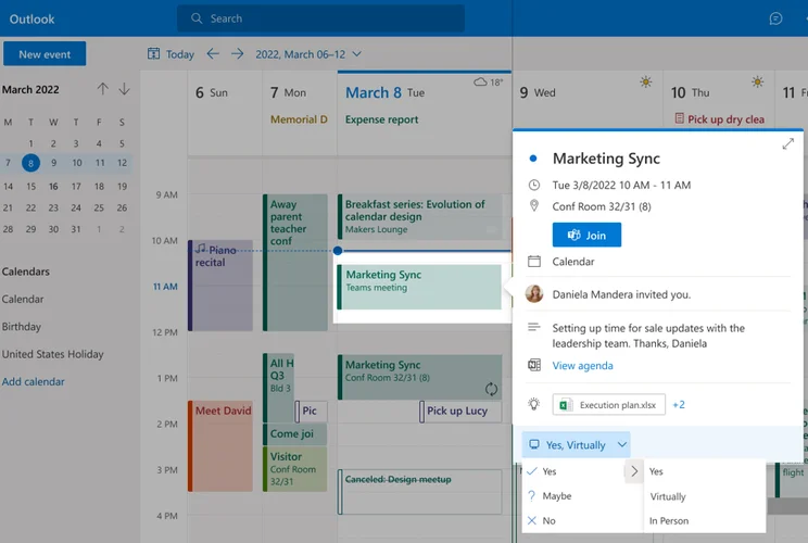 Screenshot of Microsoft Outlook new RSVP interface