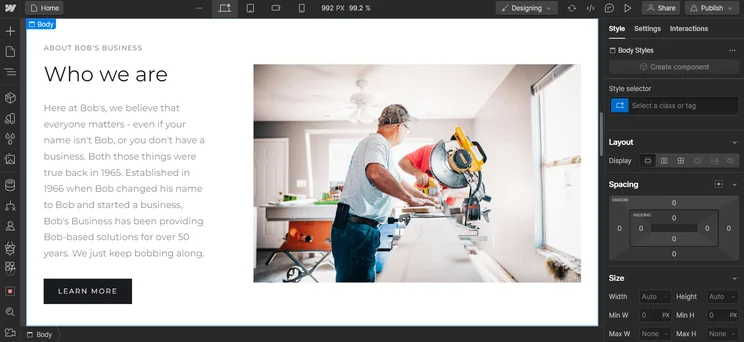 Creating the About US page with Webflow. Image: Tech.co