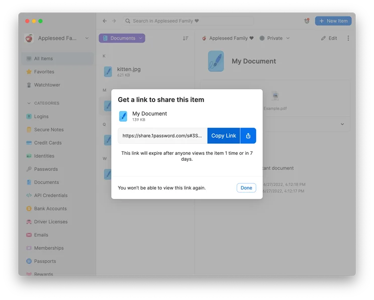 Screenshot of 1Passwords sharing tool