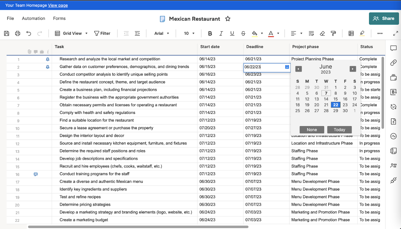 Smartsheet main interface