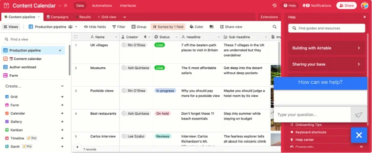 Airtable vs Smartsheet: Airtable Live chat