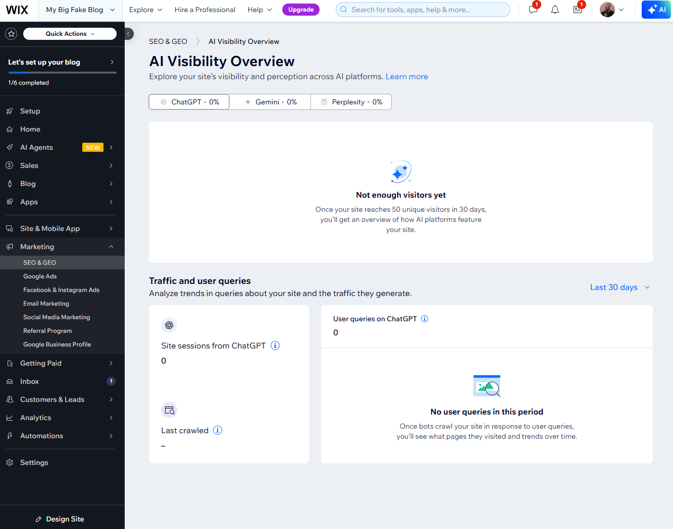 Wix now offers a full-on AI Visibility board that tracks how your site performs on AI models like ChatGPT. Source: Tech.co testing