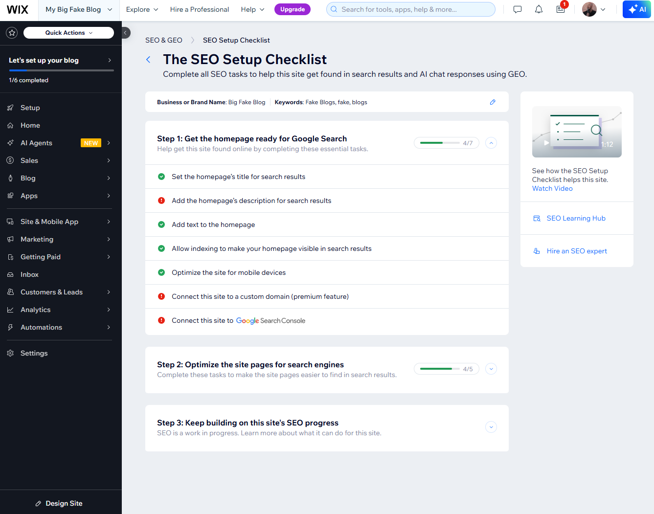 Wix provides a step-by-step guide to ensure your site is optimized for search engines like Google. Source: Tech.co testing