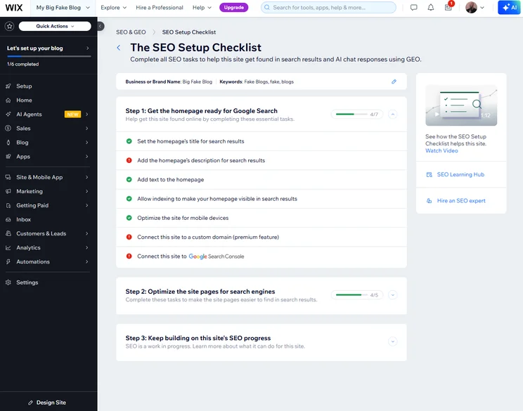 Wix provides a step-by-step guide to ensure your site is optimized for search engines like Google. Source: Tech.co testing